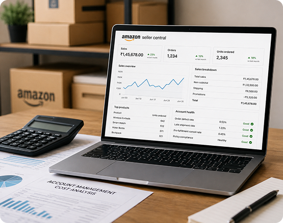 Amazon seller account dashboard showing sales and performance data on a laptop