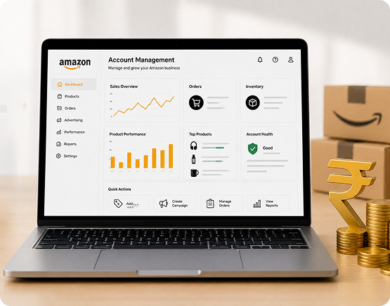 Amazon seller account dashboard displayed on a laptop with pricing and sales data
