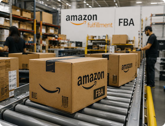 Amazon FBA warehouse inventory and shipping boxes for seller fulfillment