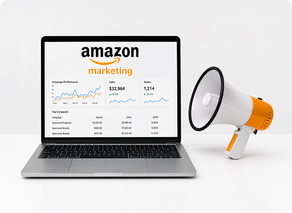 Amazon marketing analytics displayed on a laptop with digital marketing icons