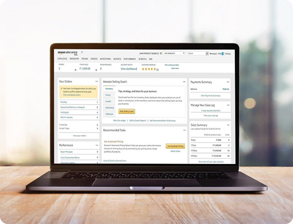 Amazon seller account dashboard displayed on a laptop