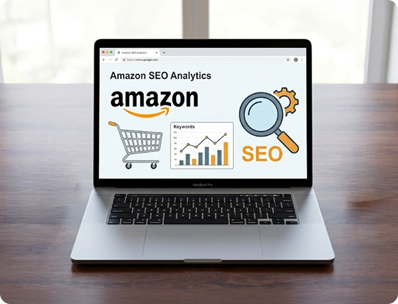 Amazon product listing and SEO data displayed on a laptop