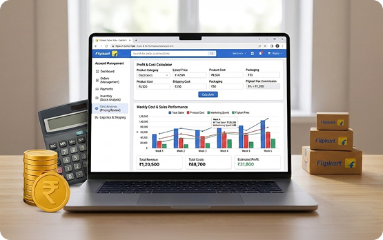 Flipkart sales dashboard showing account performance and management cost factors