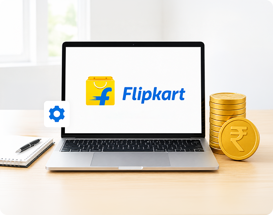 Laptop displaying the Flipkart logo beside coins representing account management costs