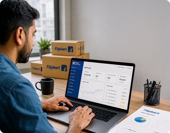 Professional managing a Flipkart seller account on a laptop