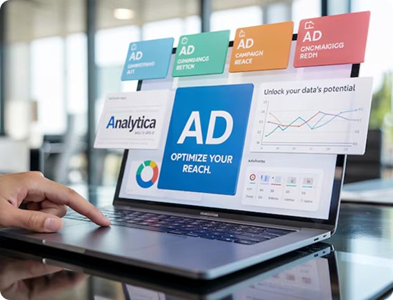 Laptop displaying a Google Ads campaign dashboard for account management
