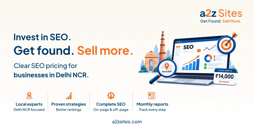 SEO cost in Delhi NCR graphic showing SEO plans, local visibility, rankings, and business growth.