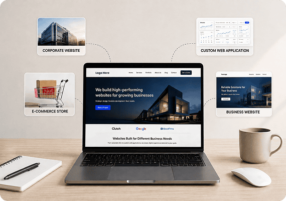 Laptop showing a website with business, ecommerce, corporate, and custom web solutions