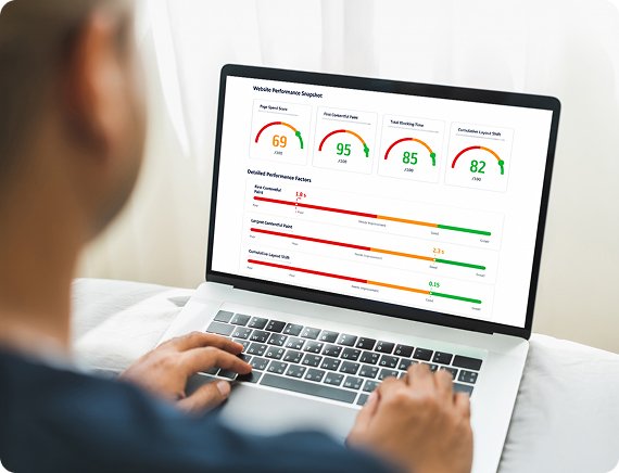 Business owner reviewing website performance and SEO data on a laptop