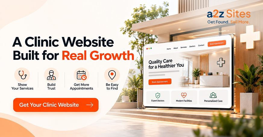 Clinic website design in Delhi showing a clear clinic website with services, doctors, appointments, and location information.