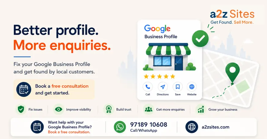 Graphic showing a Google Business Profile being improved to fix Google Business Profile mistakes, increase visibility, and generate more enquiries.