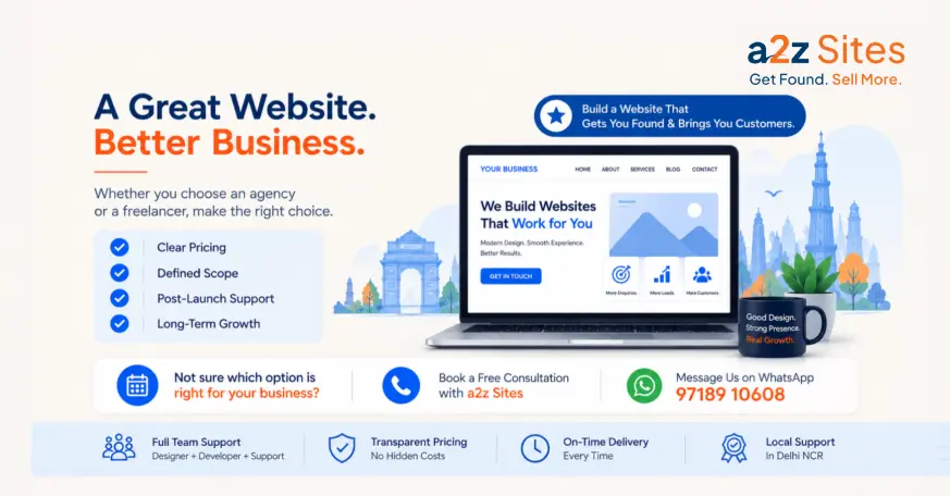 Web design agency vs freelancer in Delhi comparison highlighting pricing, support, scope, and long-term business growth.