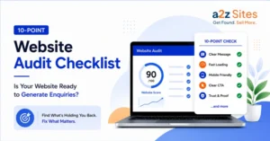 Website audit checklist graphic showing a website being reviewed, key issues being fixed, and more enquiries generated.