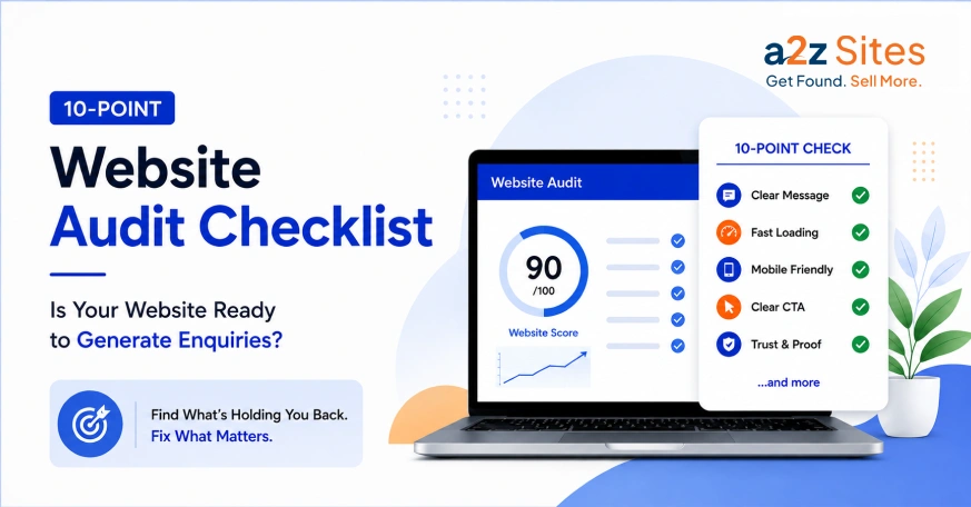 Website audit checklist graphic showing a website being reviewed, key issues being fixed, and more enquiries generated.
