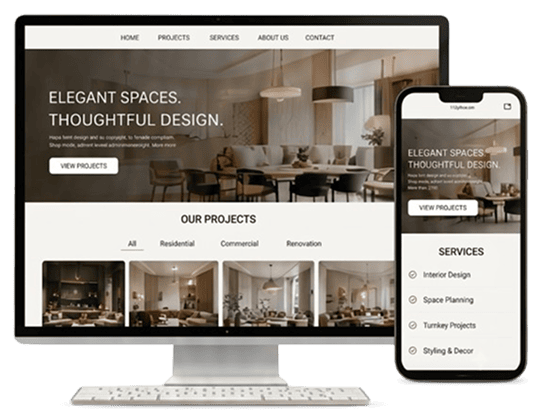Website design for interior designers in Delhi NCR showcasing projects and services on desktop and mobile devices.