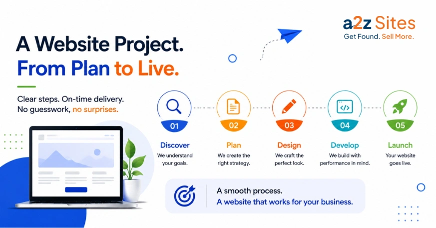 Graphic showing a website development timeline with five stages: plan, design, develop, review, and launch.