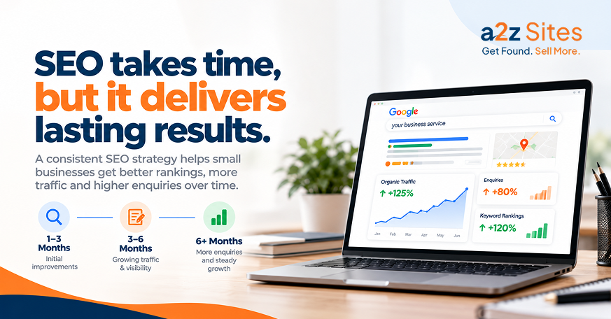 SEO for small businesses timeline showing traffic growth, improved rankings, and more enquiries.