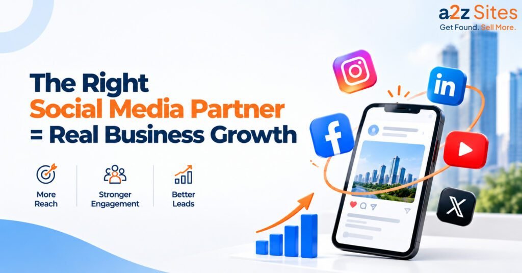 Social media marketing agency in Delhi NCR banner showing social media platforms, audience reach, and business growth.