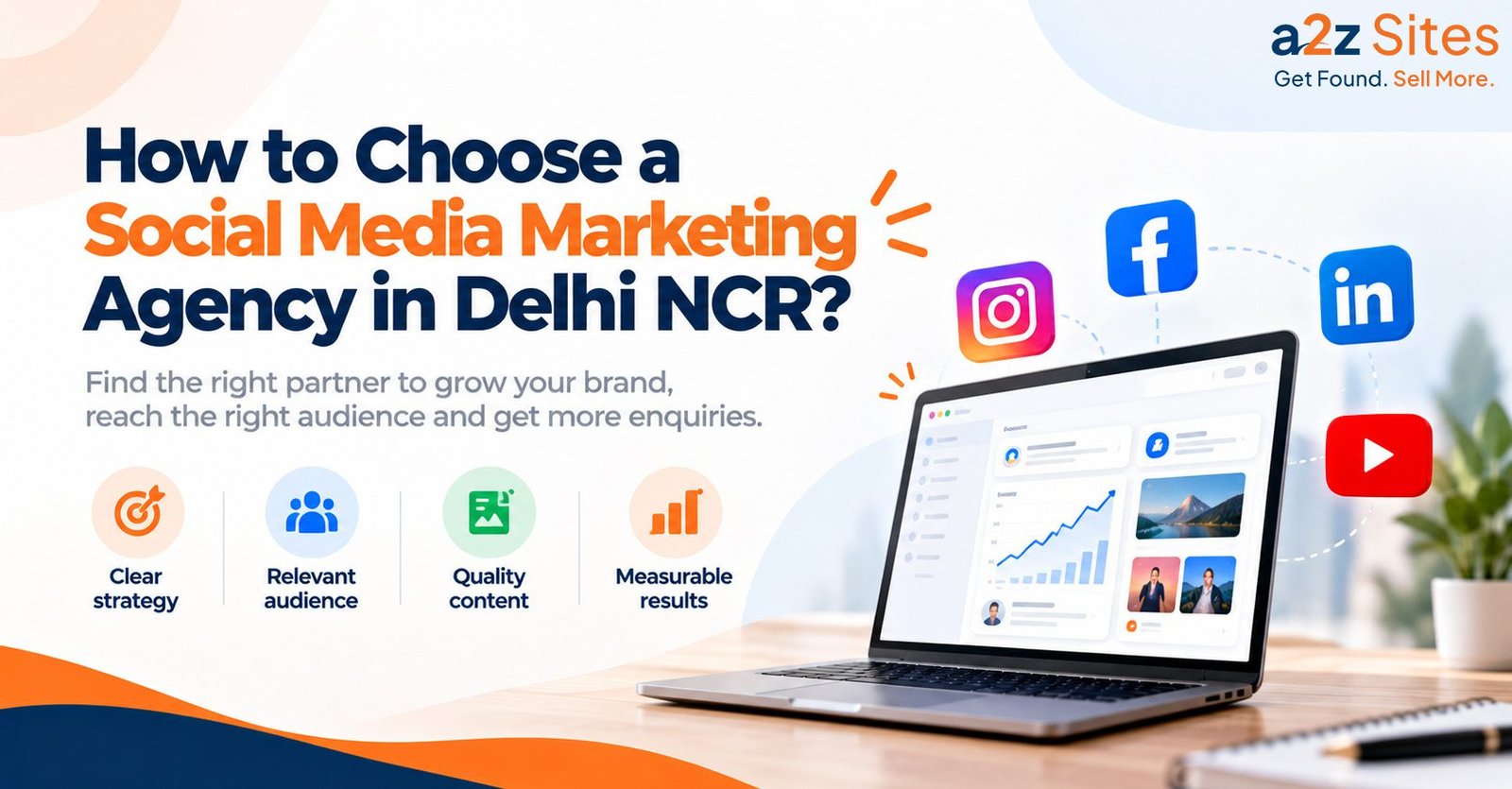 Social media marketing agency in Delhi NCR banner highlighting strategy, audience targeting, quality content, and measurable results.