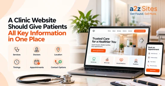 Clinic website design in Delhi showing services, doctors, location, timings, appointment options, and contact details in one place.