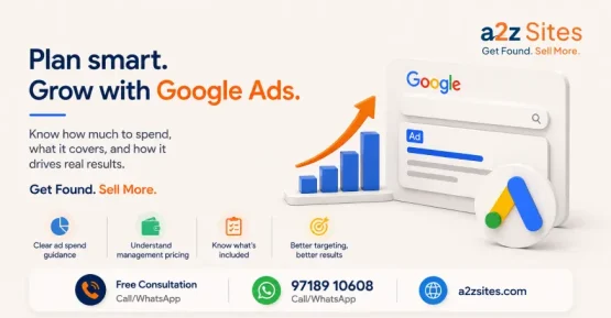 Graphic showing how to set a Google Ads for small business budget, with Google Ads, ad spend, and growth visuals.