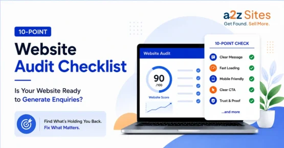 Website audit checklist graphic showing a website being reviewed, key issues being fixed, and more enquiries generated.